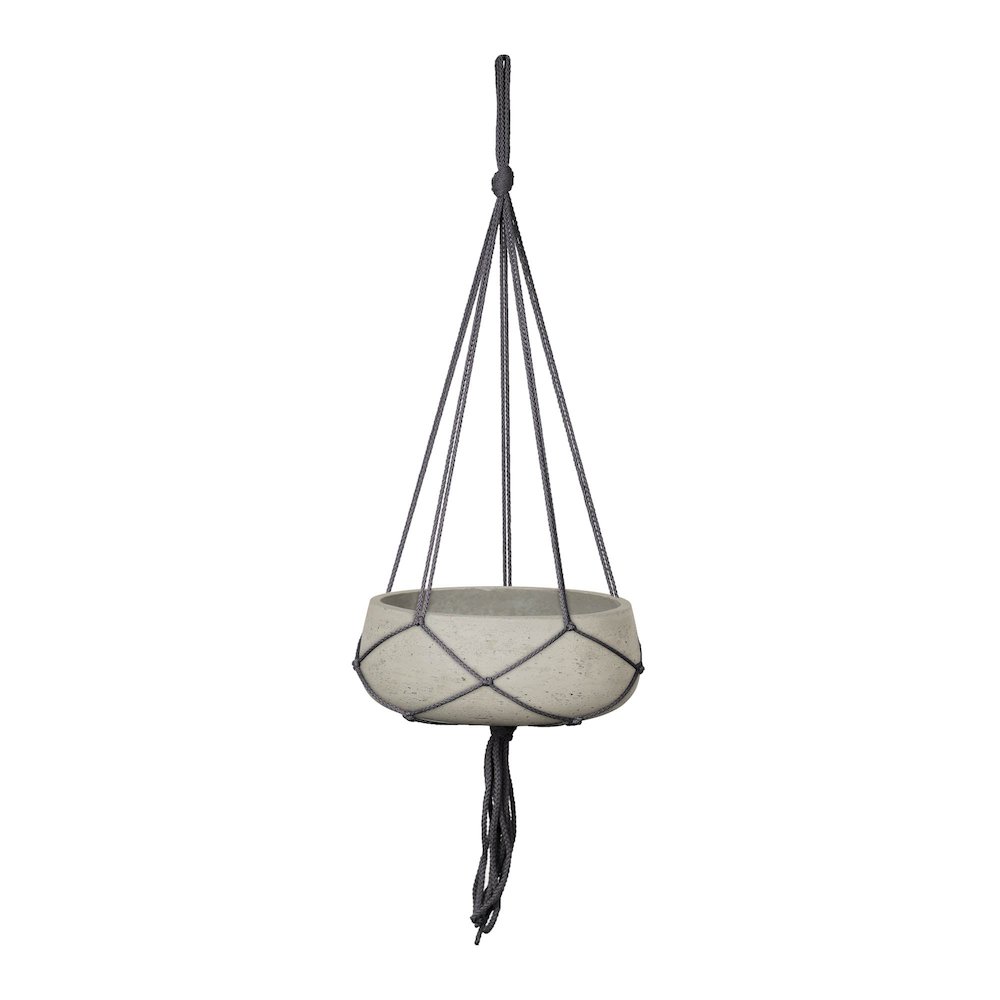 Circular Small Hanging Pot With Netting - Cement Grey. Picture 1
