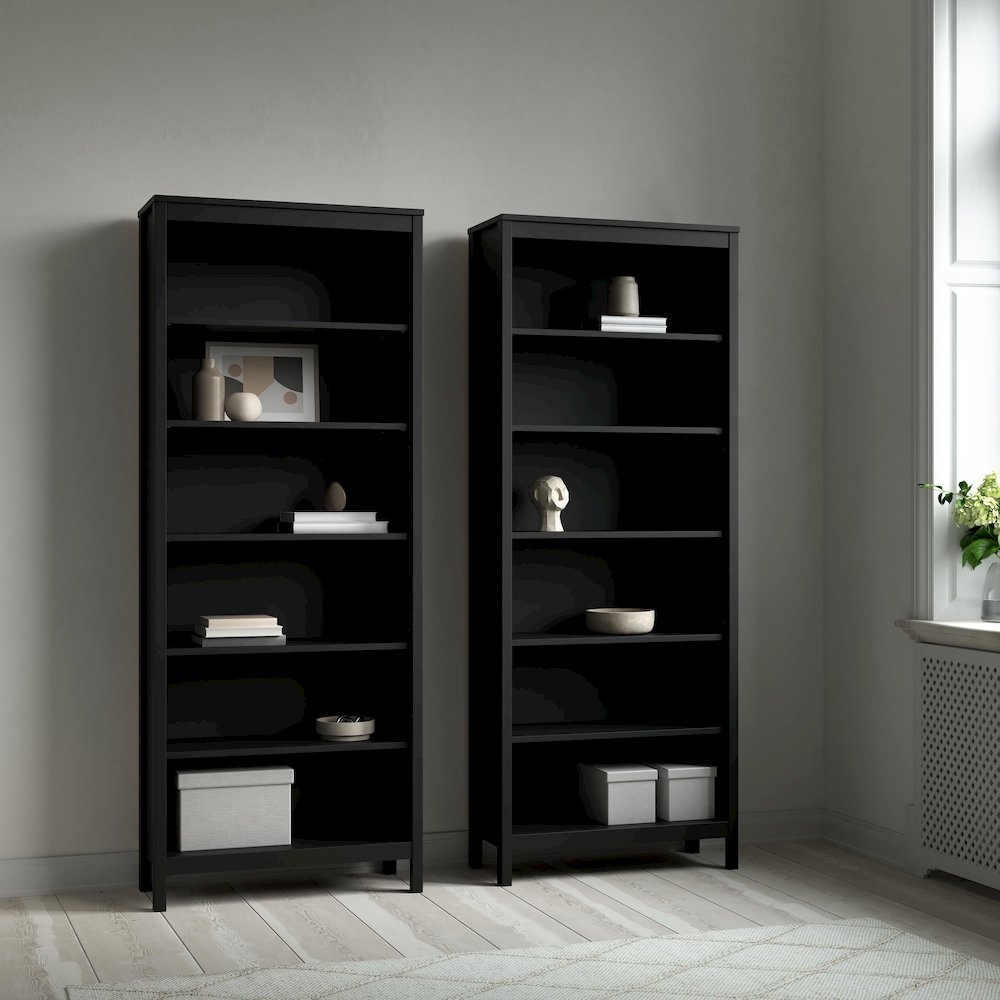Madrid 2-Piece Tall Bookcase Set for Full Wall Storage, Matte Black. Picture 2