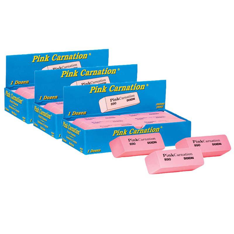 Pink Carnation Erasers, Medium, 2-5/16 x 13/16 x 7/17, 12 Per Pack, 3 Packs. Picture 2