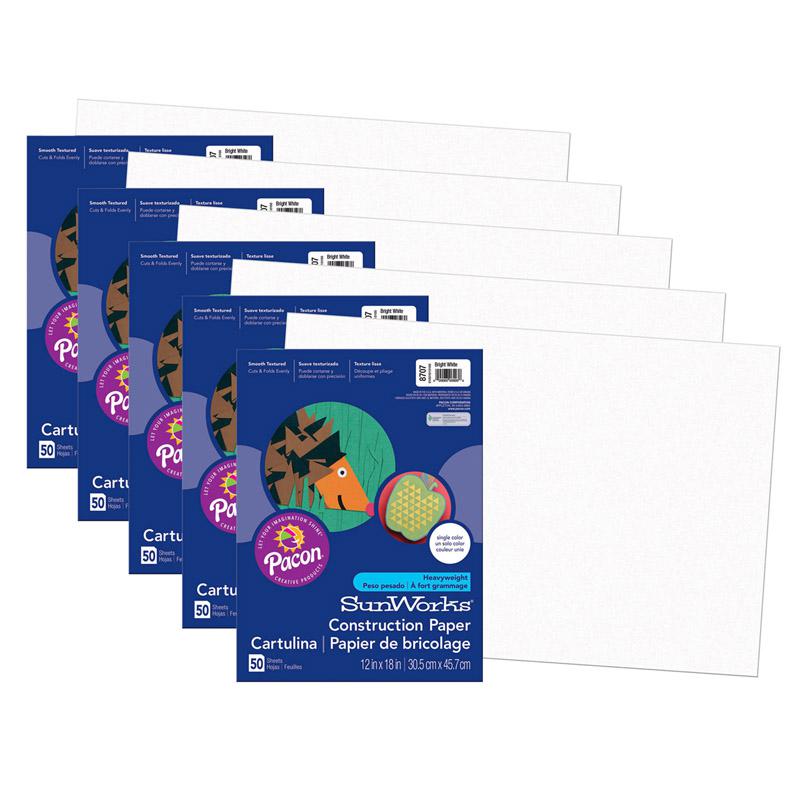 Construction Paper, Bright White, 12" x 18", 50 Sheets Per Pack, 5 Packs. Picture 2
