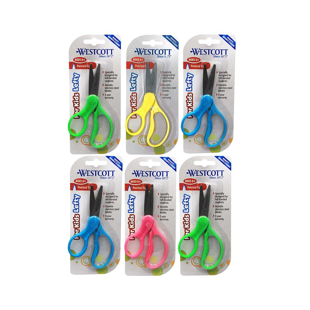 School Left-Handed Kids Scissors, Assorted Colors, 5" Pointed, Pack of 6. Picture 2