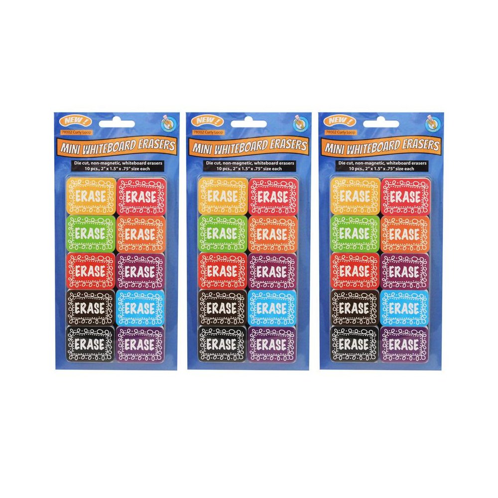 Non-Magnetic Mini Whiteboard Erasers, Chalk Loop, 10 Per Pack, 3 Packs. Picture 2