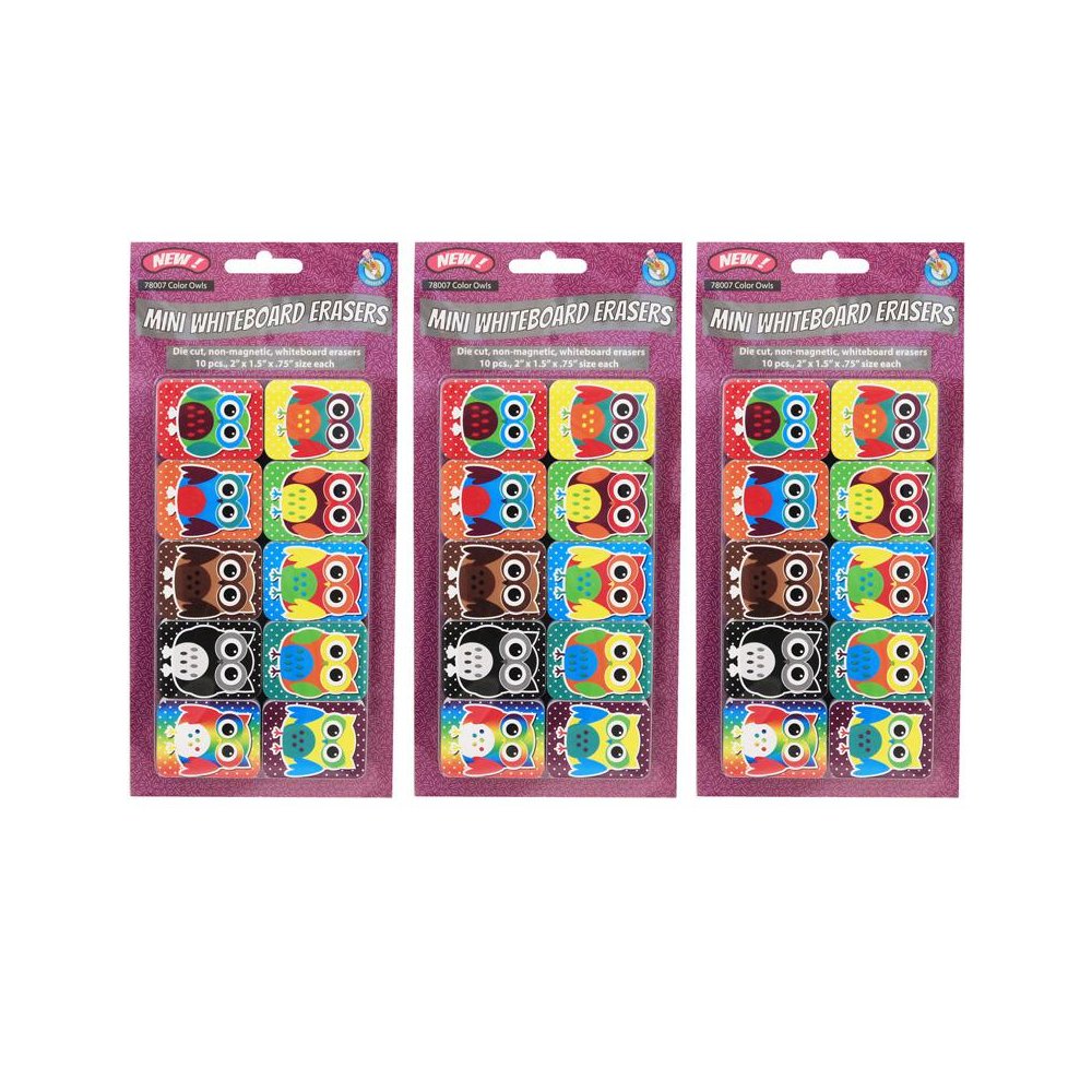 Non-Magnetic Mini Whiteboard Erasers, Color Owls, 10 Per Pack, 3 Packs. Picture 2