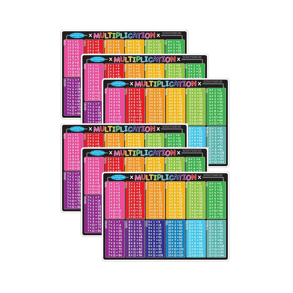 Smart Poly Learning Mat, 12" x 17", Double-Sided, Multiplication, Pack of 6. Picture 2