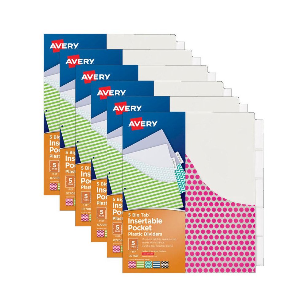 Big Tab Insertable Plastic Dividers with Pockets, 5-Tab Set, 6 Sets. Picture 2