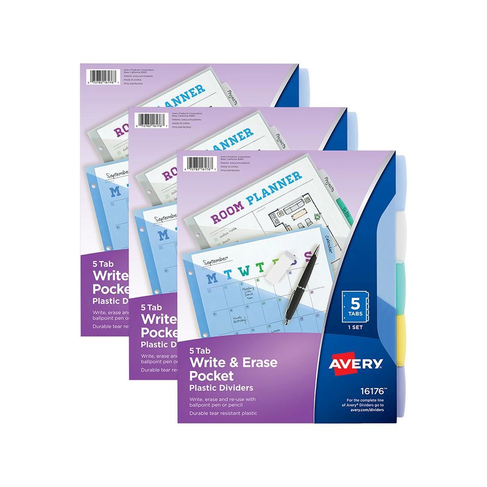 Write & Erase Durable Plastic Dividers with Pockets, 5-Tab Set, 3 Sets. Picture 2