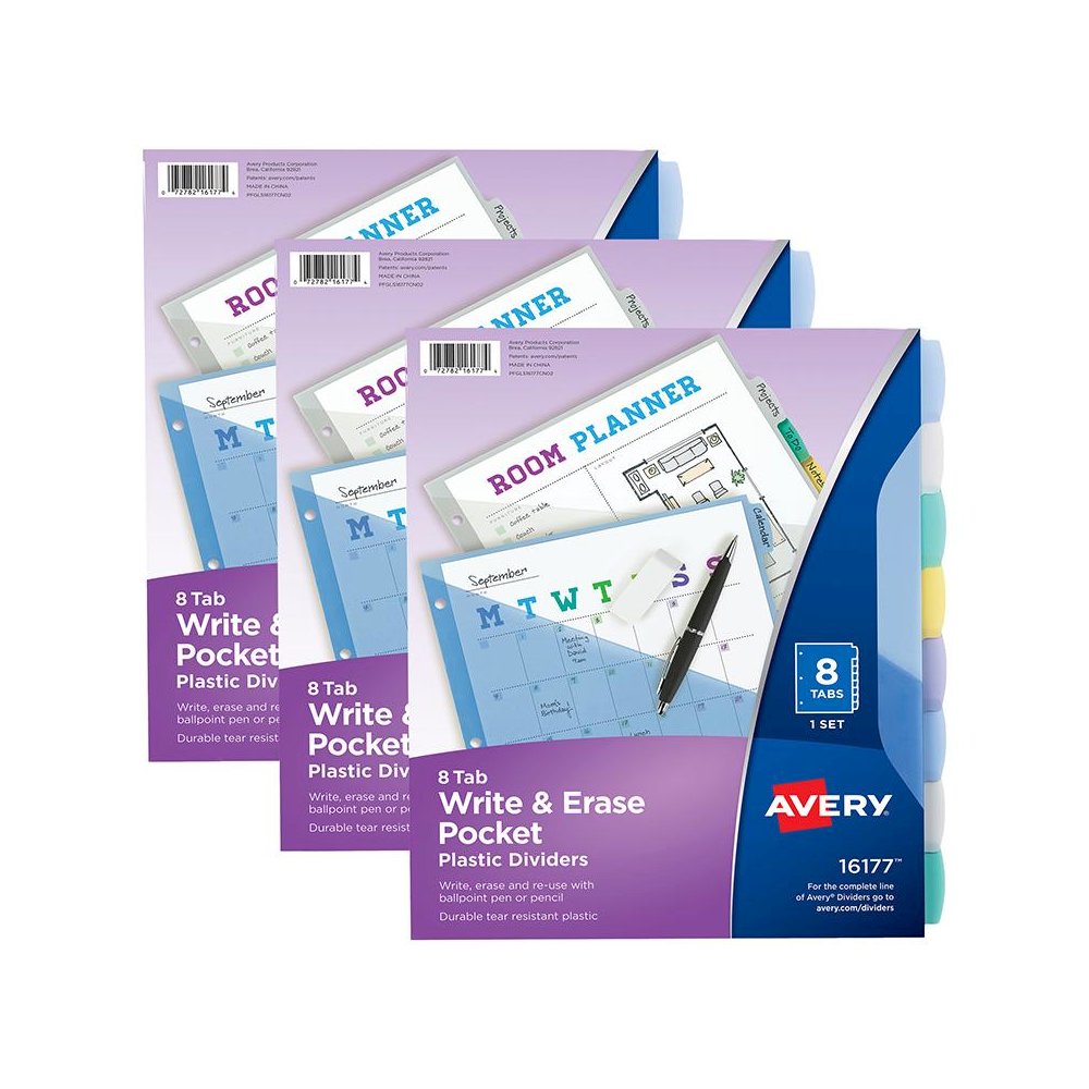 Write & Erase Pocket Plastic Dividers, 8-Tab Set, Multicolor, 3 Sets. Picture 2