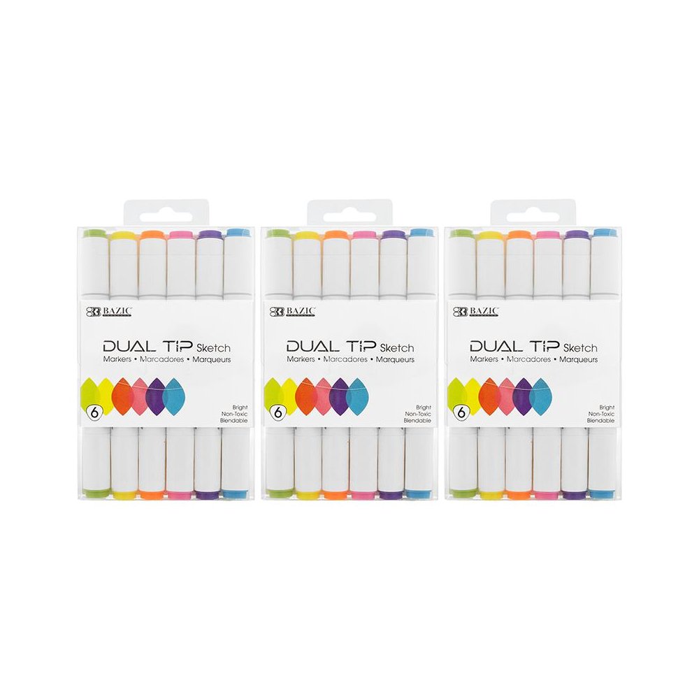 Dual Tip Sketch Markers, Fluorescent Colors, 6 Per Pack, 3 Packs. Picture 2