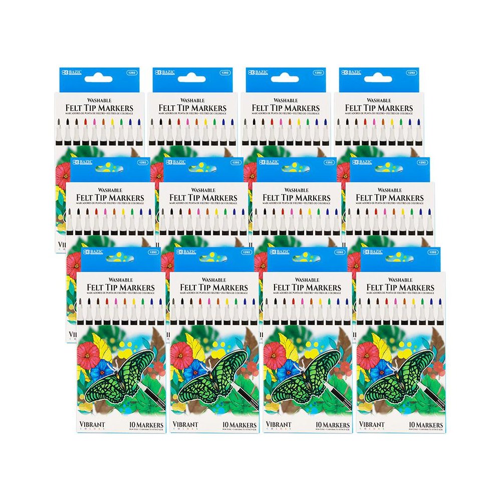 Felt Tip Washable Markers, 10 Colors, 10 Per pack, 12 Packs. Picture 2
