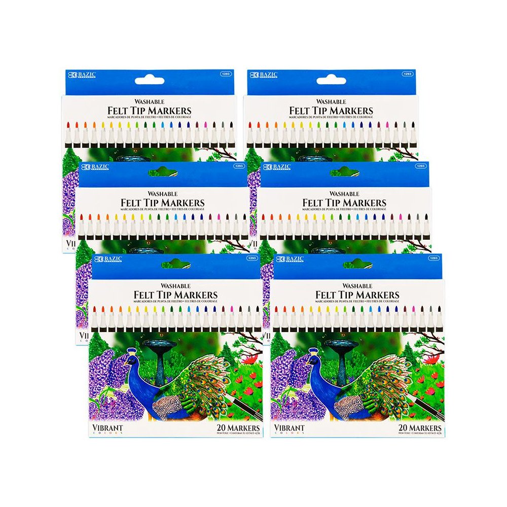 Felt Tip Washable Markers, 20 Colors, 20 Per pack, 6 Packs. Picture 2