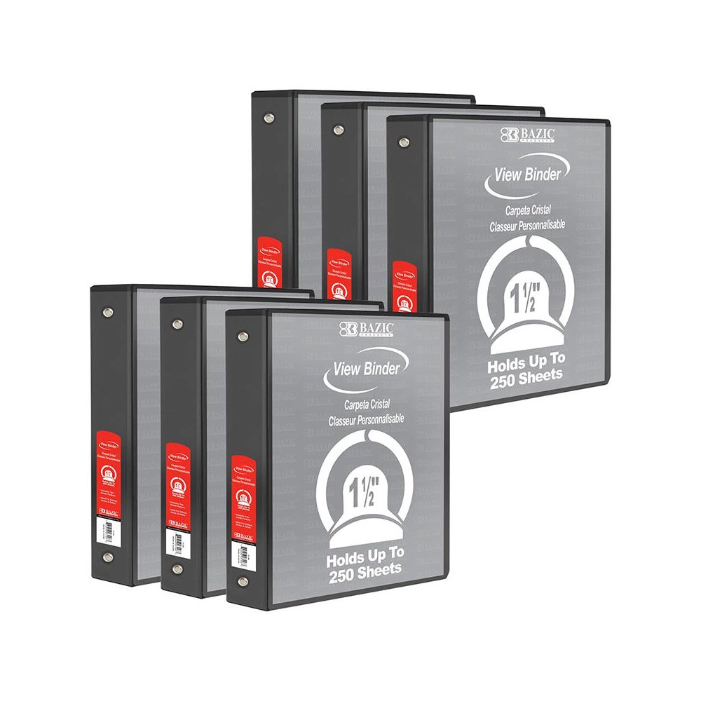 3-Ring View Binder with 2 Pockets, 1.5", Black, Pack of 6. Picture 2