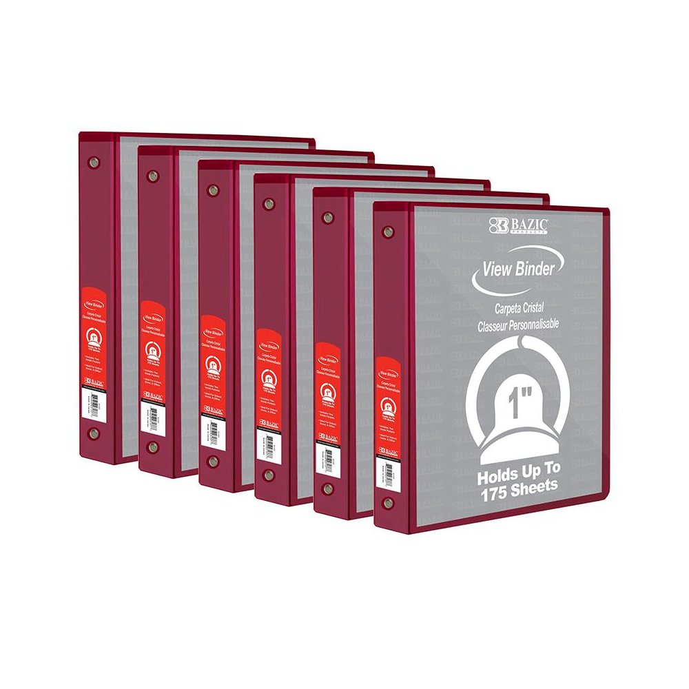 3-Ring View Binder with 2 Pockets, 1", Burgundy, Pack of 6. Picture 2
