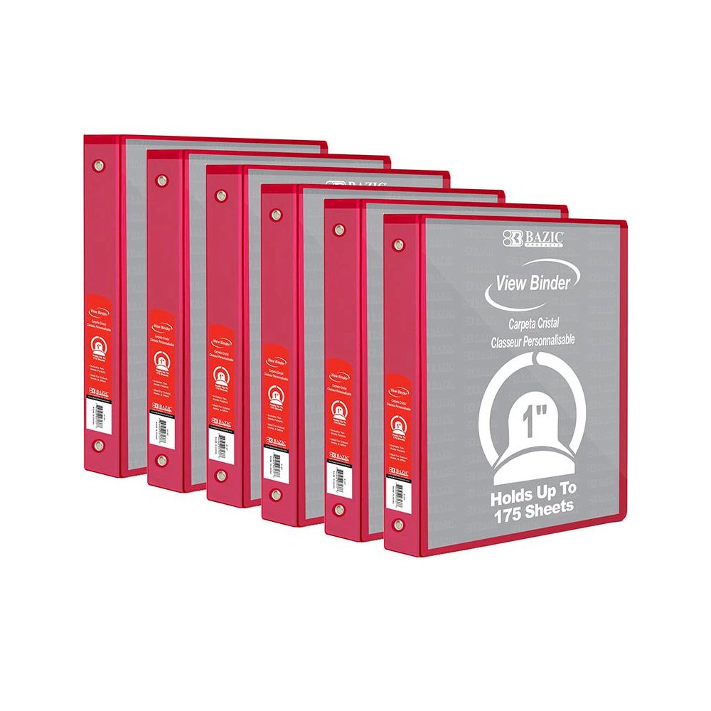 3-Ring View Binder with 2 Pockets, 1", Red, Pack of 6. Picture 2