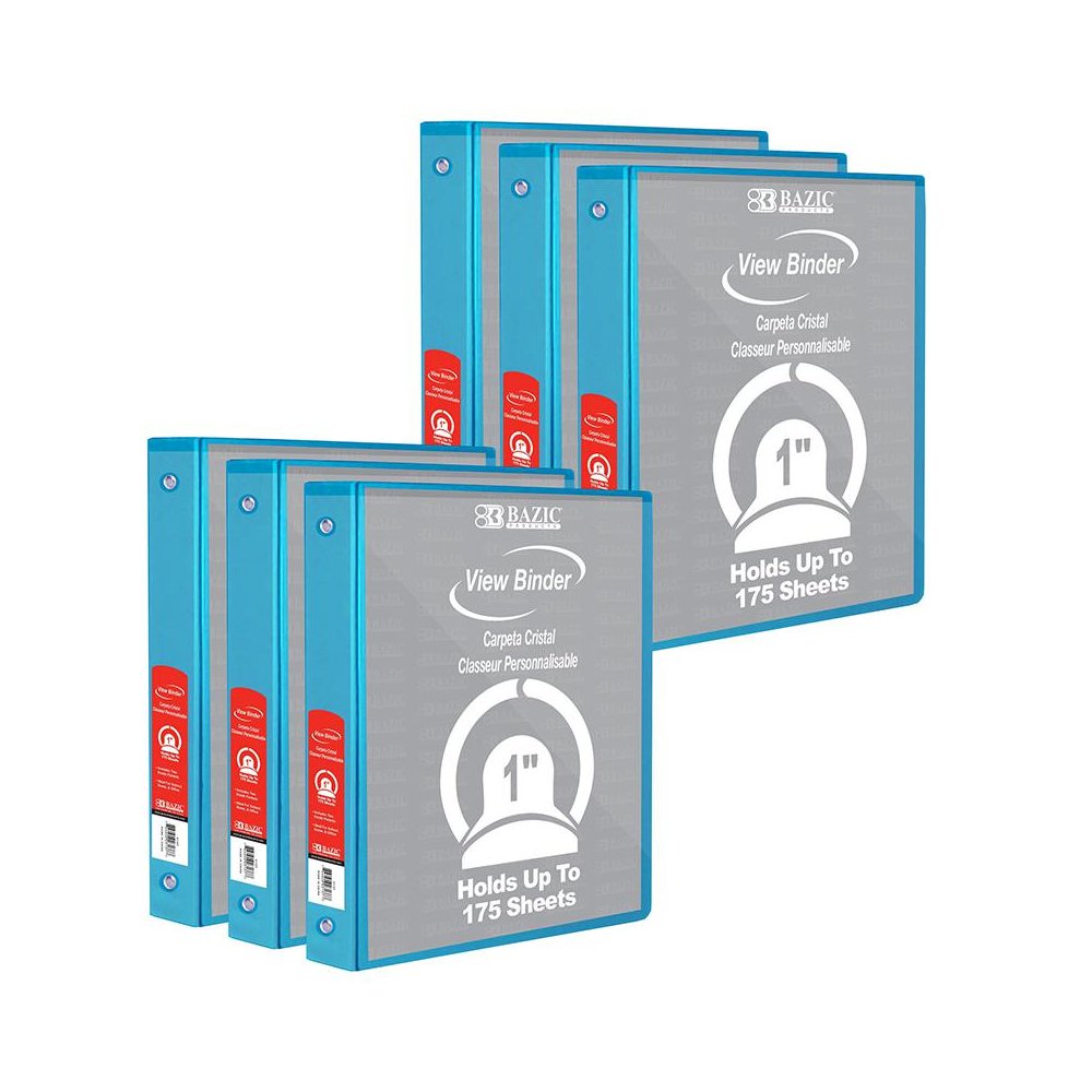 3-Ring View Binder with 2 Pockets, 1", Cyan, Pack of 6. Picture 2