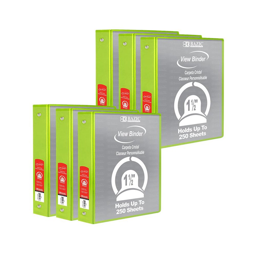 3-Ring View Binder with 2 Pockets, 1.5", Lime Green, Pack of 6. Picture 2