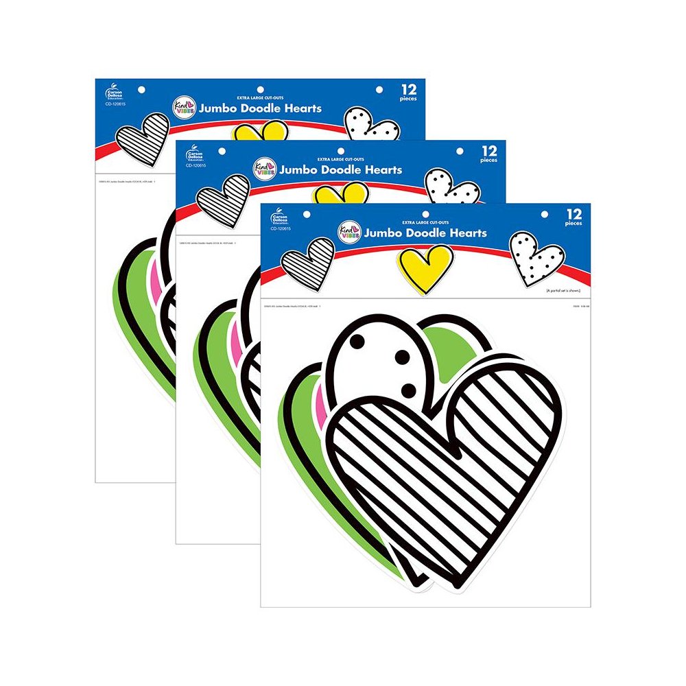 Kind Vibes Jumbo Doodle Hearts Cut-Outs, 12 Per Pack, 3 Packs. Picture 2