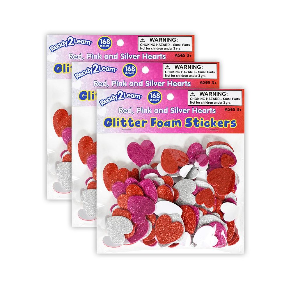 Glitter Foam Stickers - Hearts - Red, Pink and Silver - 168 Per Pack - 3 Packs. Picture 2