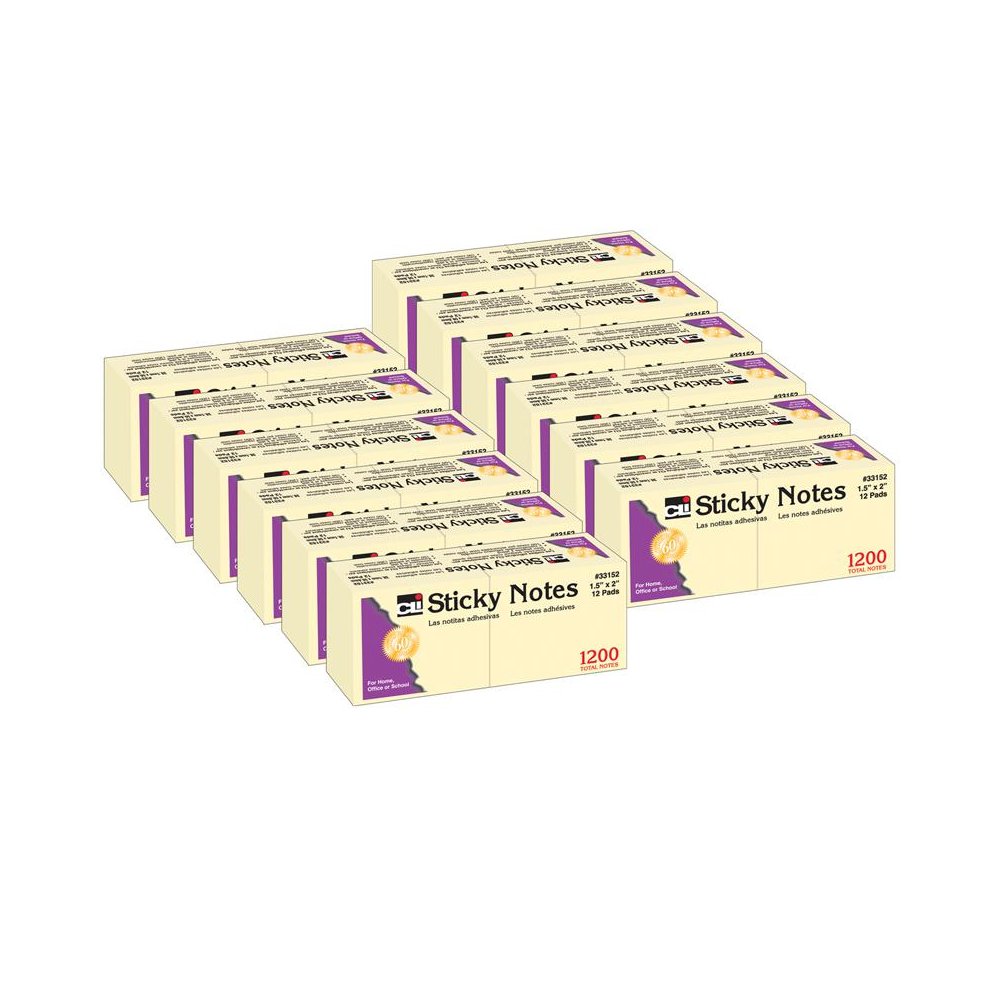 Sticky Notes, 1 1/2" x 2", Plain, 100 Sheets/Pad, 12 Pads/Pack, 12 Packs. Picture 2