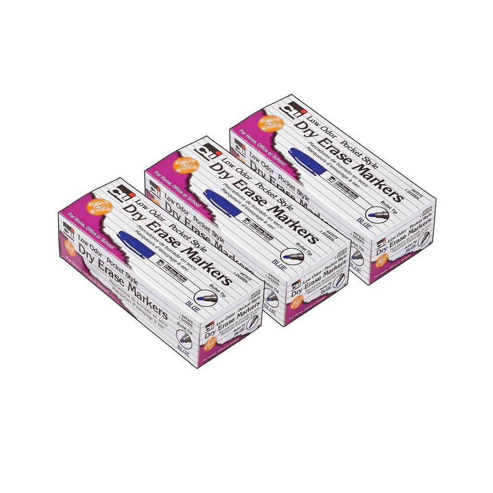 Dry Erase Markers, Low Odor, Pocket Style, Bullet Tip, Blue, 12 Per Box, 3 Boxes. Picture 2