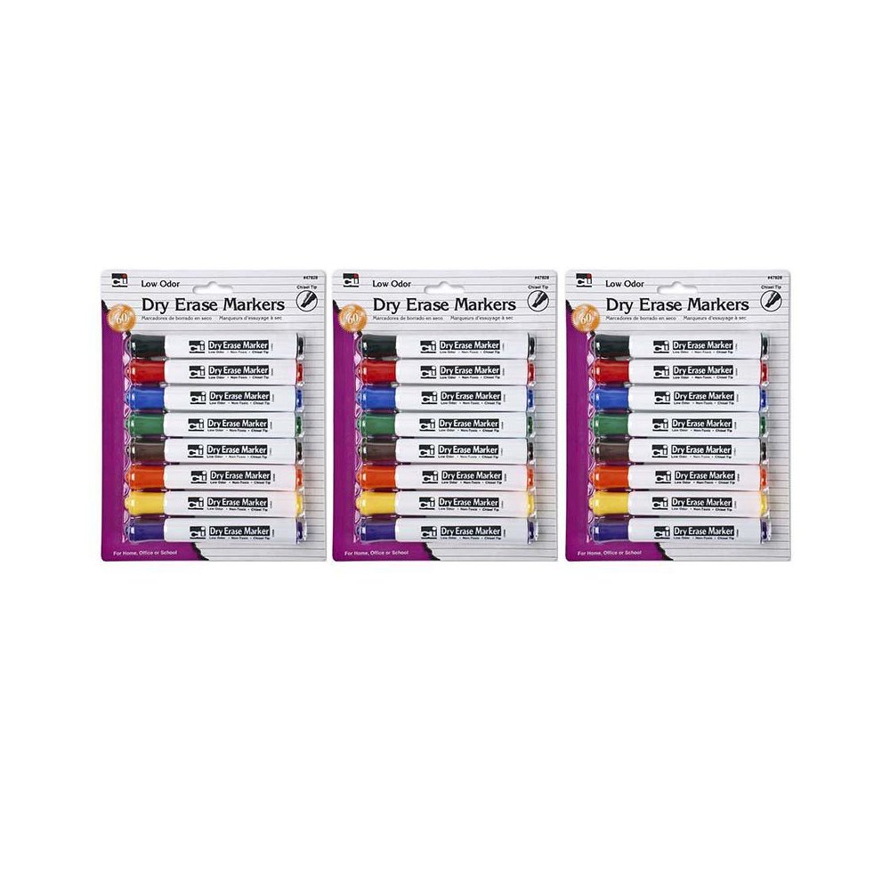 Dry Erase Markers, Barrel Style, Low Odor, Chisel Tip, 8 Per Pack, 3 Packs. Picture 2
