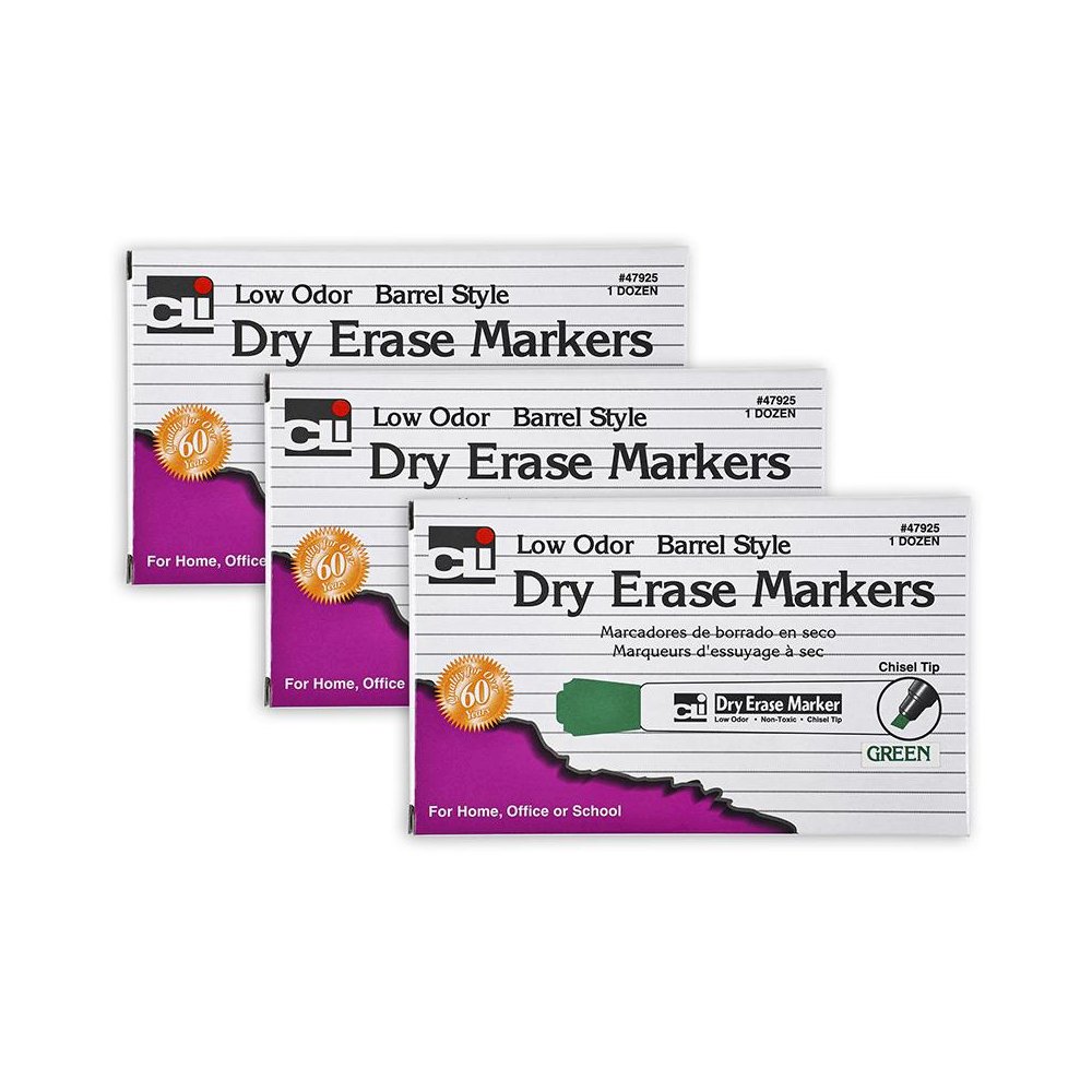 Dry Erase Markers, Barrel Style, Chisel Tip, Green, 12 Per Box, 3 Boxes. Picture 2