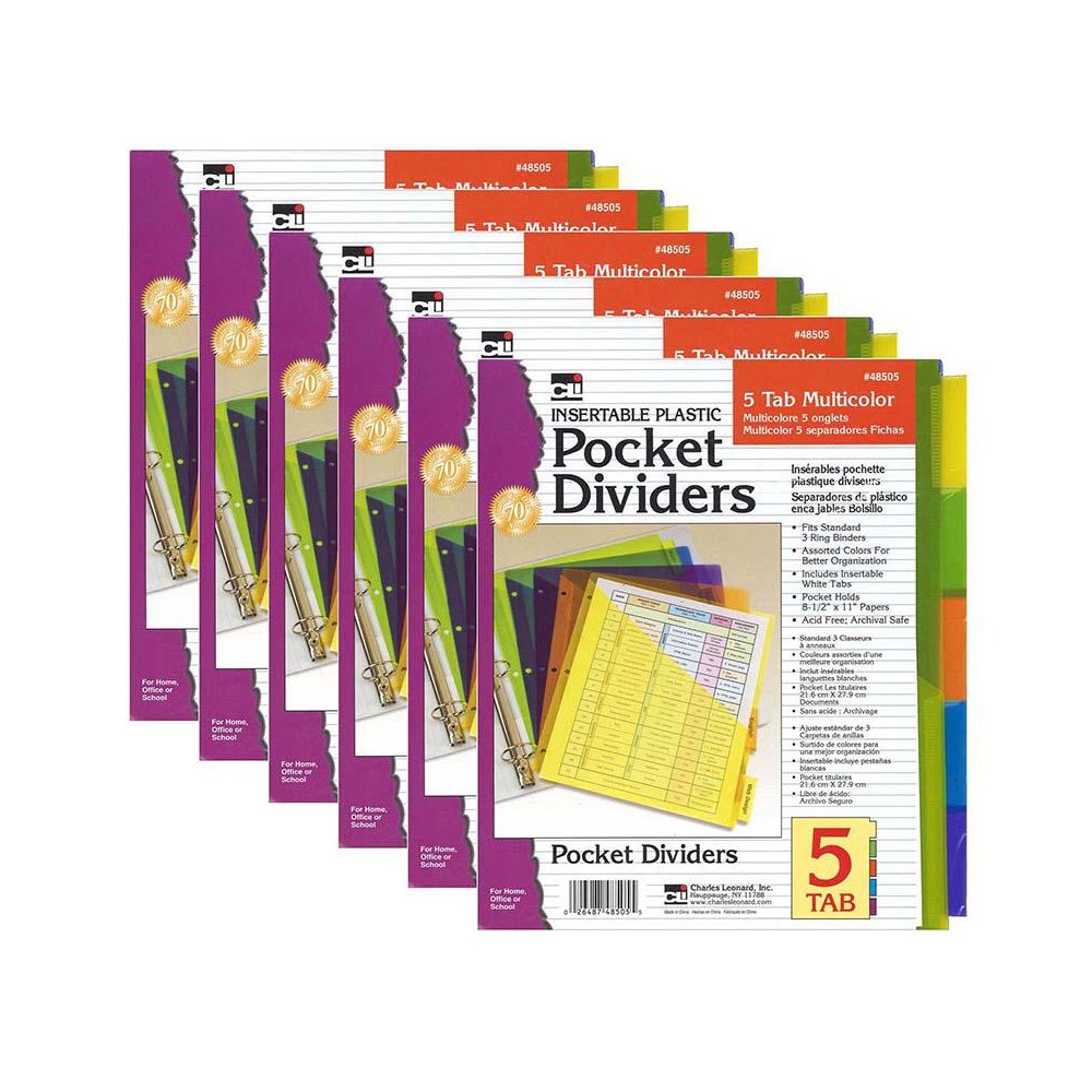Index Dividers with Pockets, 5-Tab, Assorted Colors, 5/Pack, 6 Packs. Picture 2