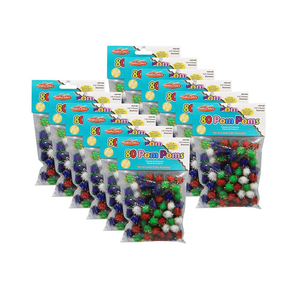 Pom-Poms 1/2", Assorted Glitter Colors, 80 Per Pack, 12 Packs. Picture 2
