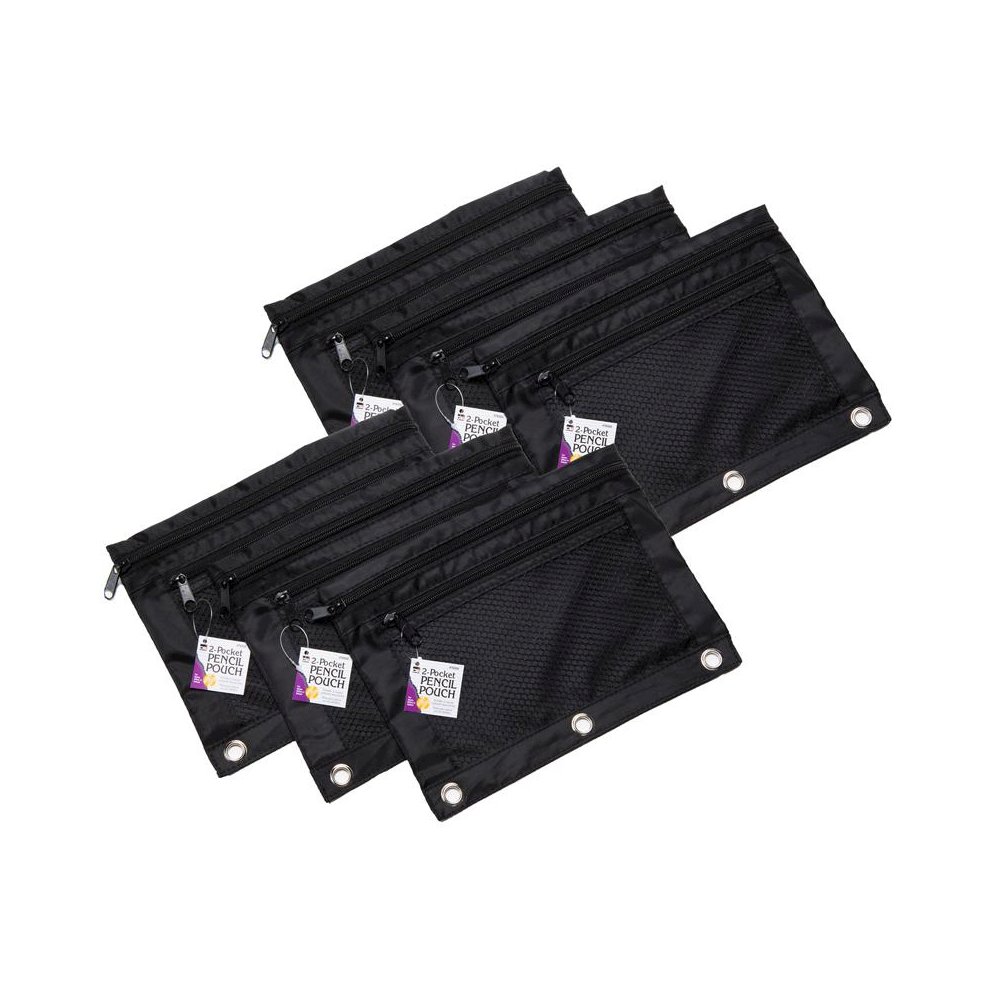Pencil Pouch, 2 Pocket with Mesh Front, Black, Pack of 6. Picture 2