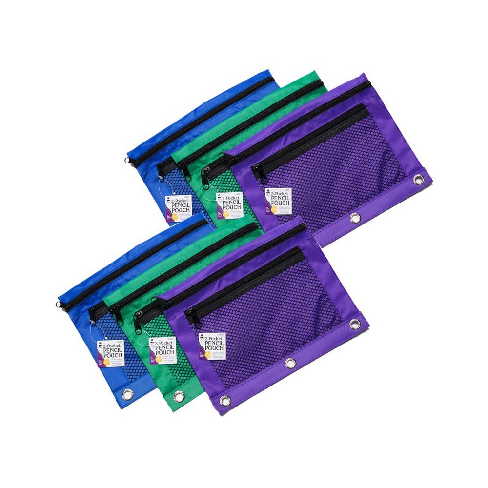 Pencil Pouch, 2 Pocket with Mesh Front, 3 Assorted Colors, Pack of 6. Picture 2