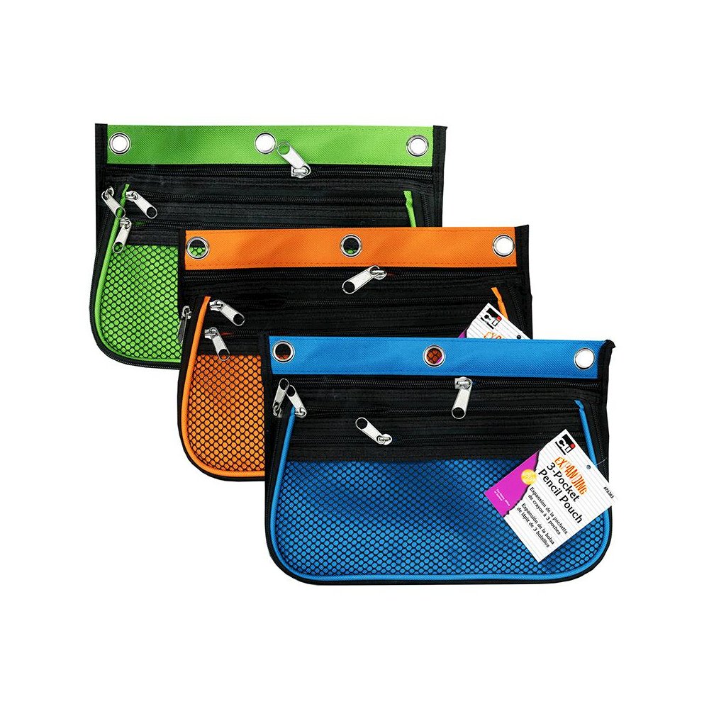 3 Pocket Pencil Pouch, Expanding to 2.25", 10.25"W x 7.25"H x 2.5"D - Pack of 3. Picture 2