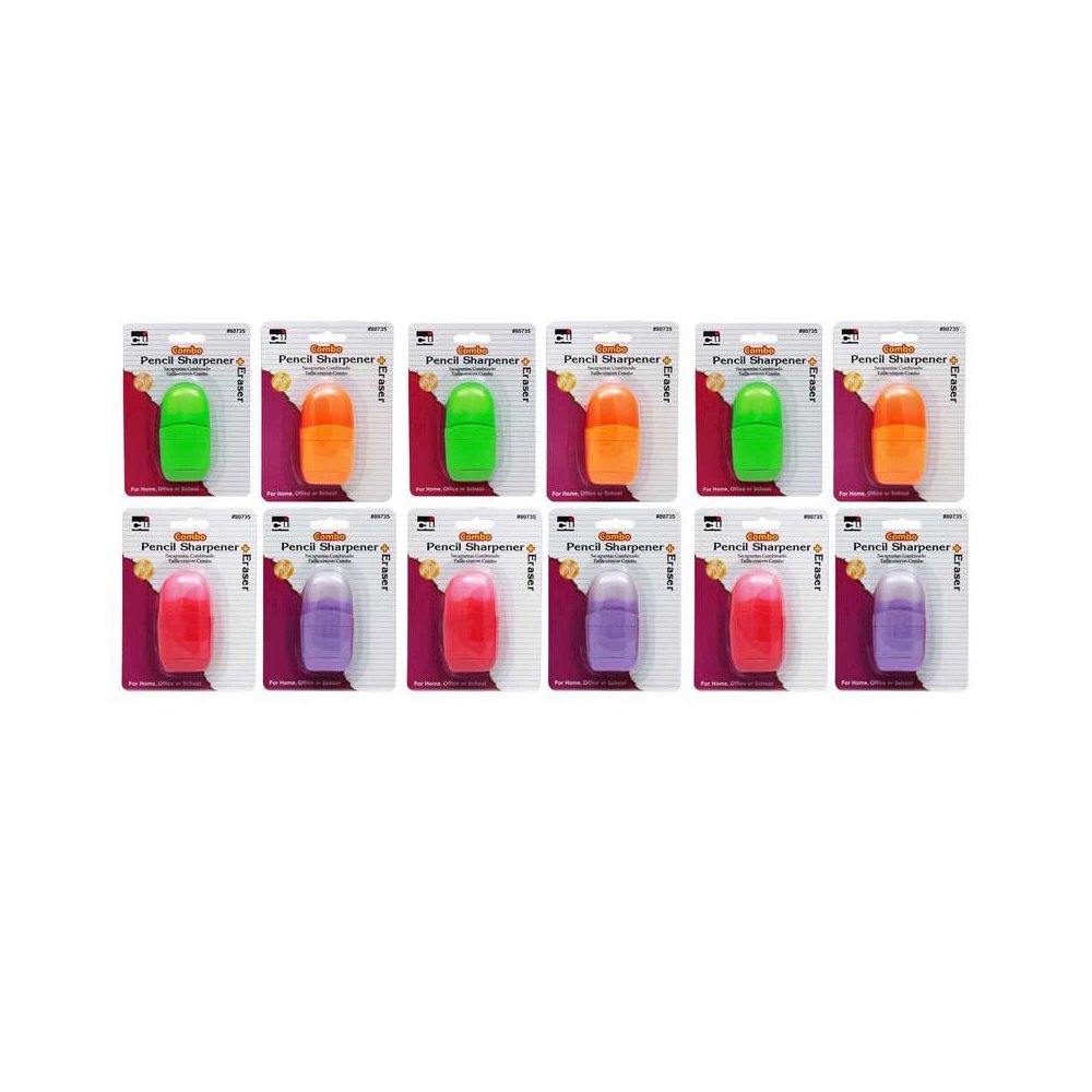 Pencil Sharpener/Eraser Combo - 1 Hole with Eraser, Plastic, Pack of 12. Picture 2