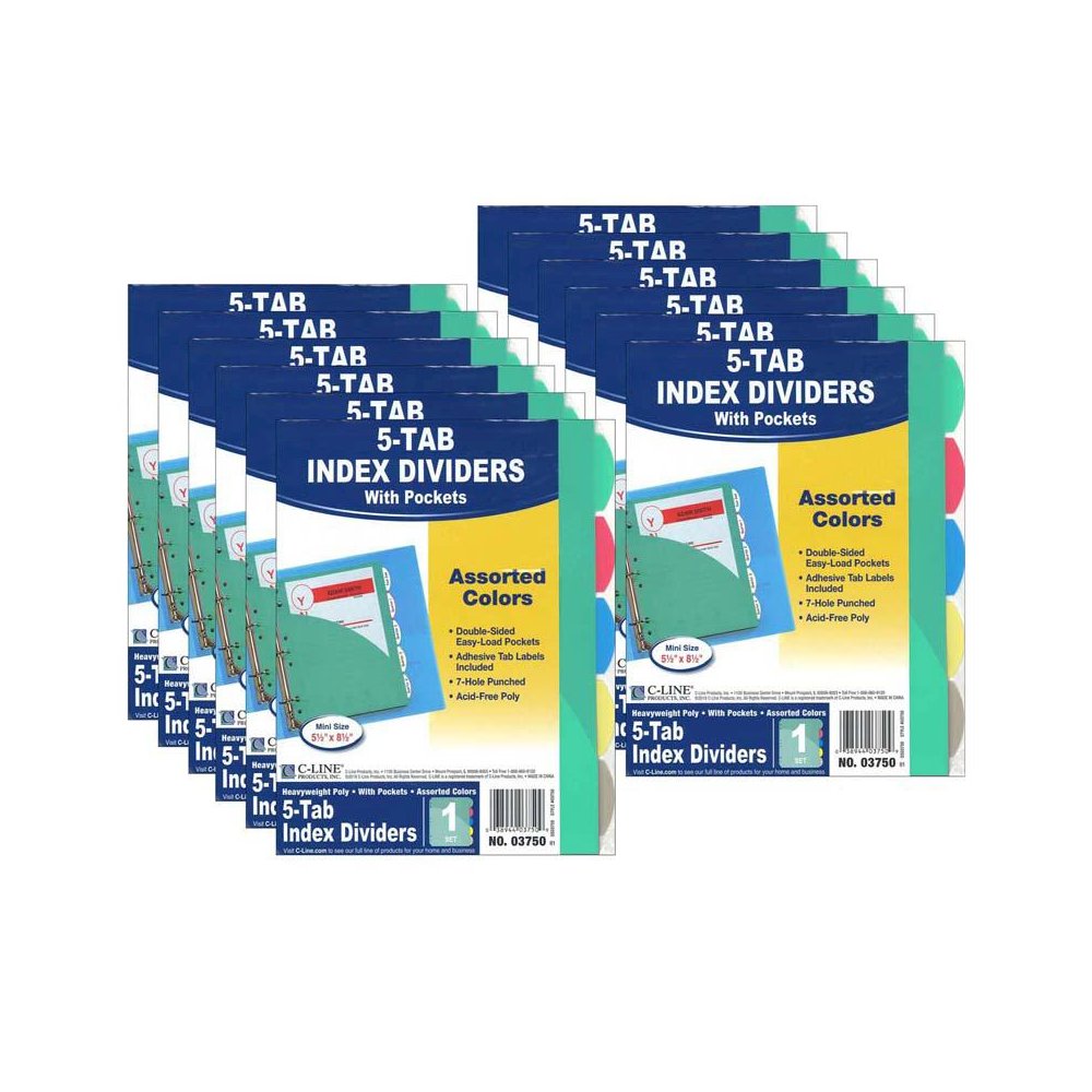 Mini Size 5-Tab Poly Index Dividers, Assorted Colors with Slant Pockets, 12 Sets. Picture 2