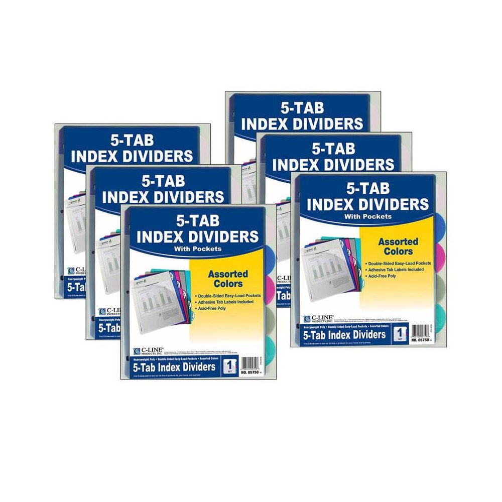 5-Tab Poly Index Dividers w/Slant Pocket, Assorted Colors, 5 Per Pack, 6 Packs. Picture 2