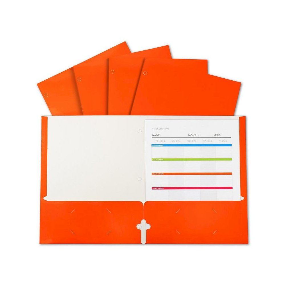 2-Pocket Laminated Paper Portfolios with 3-Hole Punch, Orange, Box of 25. Picture 2