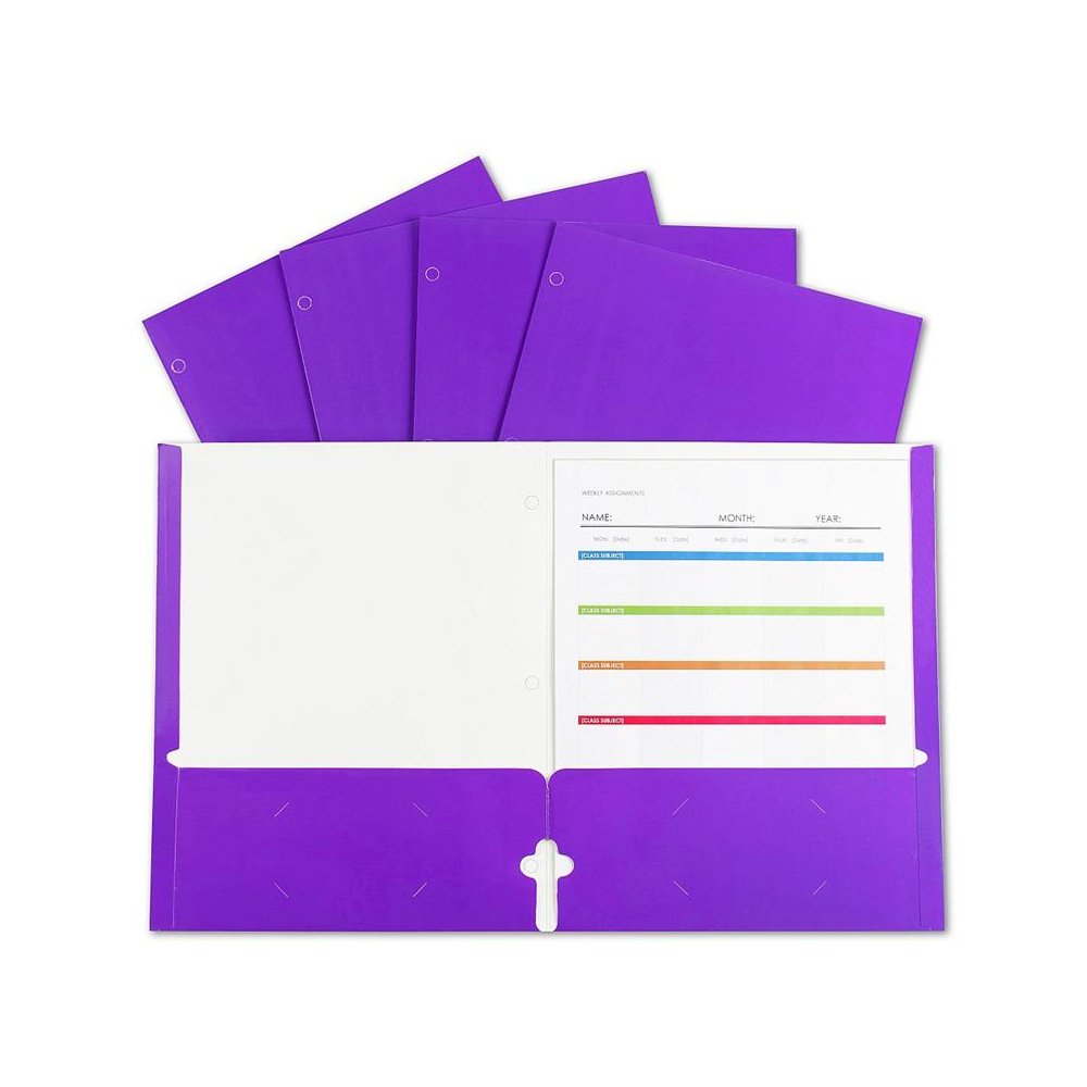 2-Pocket Laminated Paper Portfolios with 3-Hole Punch, Purple, Box of 25. Picture 2