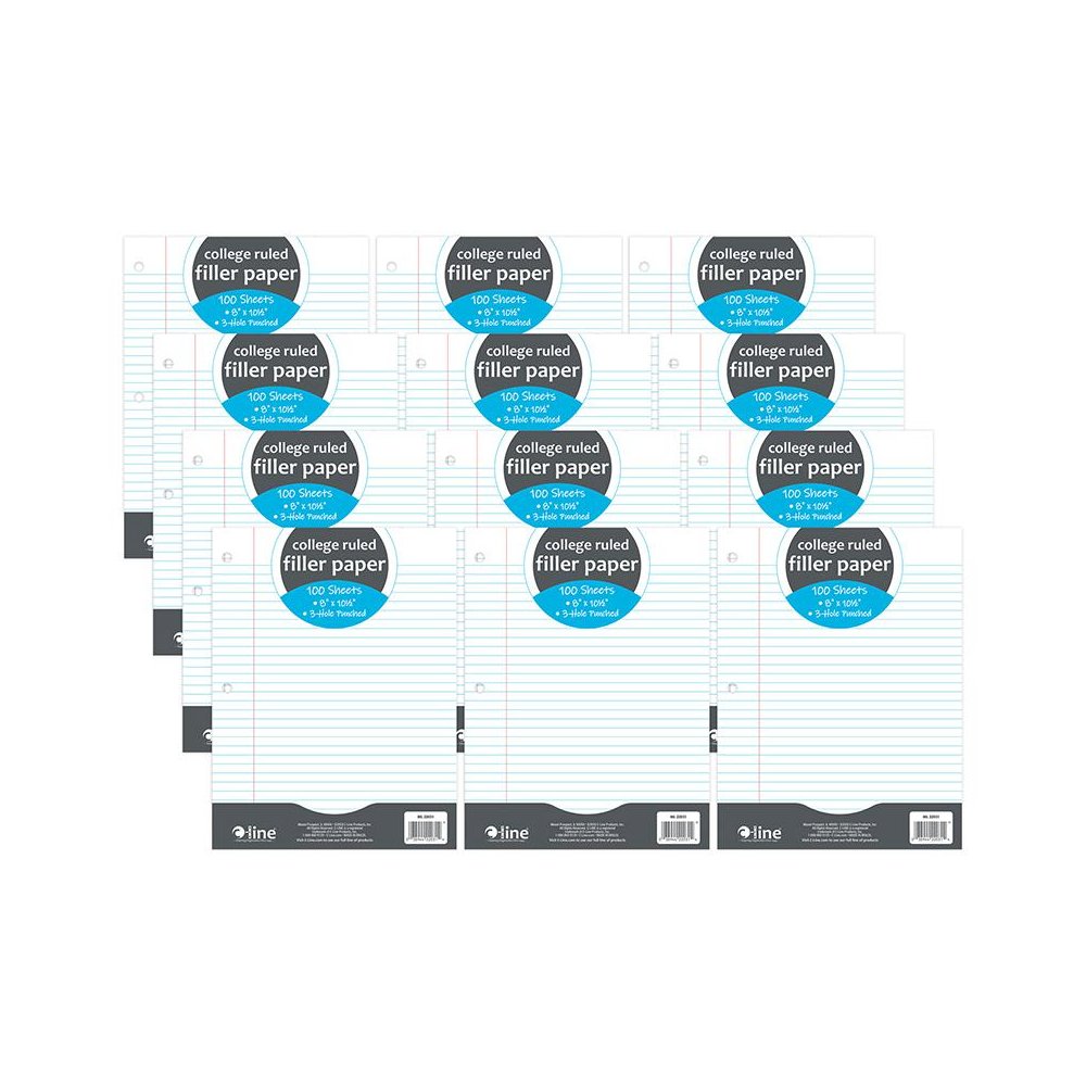 Filler Paper, College Ruled, 8" x 10-1/2", White, 100 Sheets Per Pack, 12 Packs. Picture 2