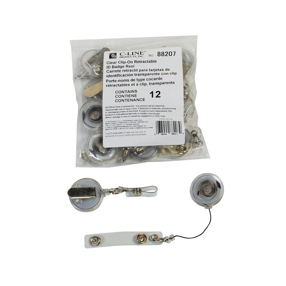 Retracting ID Card Reels, Spring Clip, Clear, Pack of 12. Picture 2