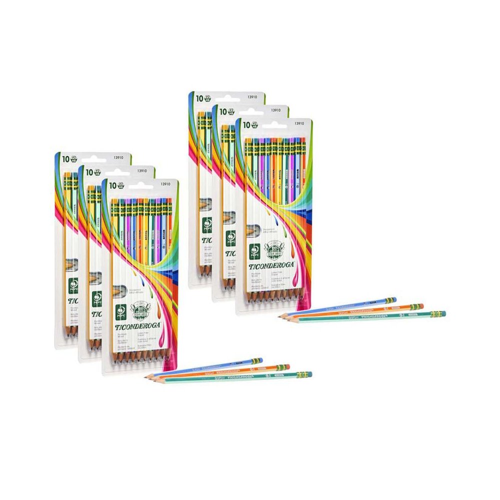 Pencils, #2 Soft, Neon Stripes, Presharpened, 10 Per Pack, 6 Packs. Picture 2
