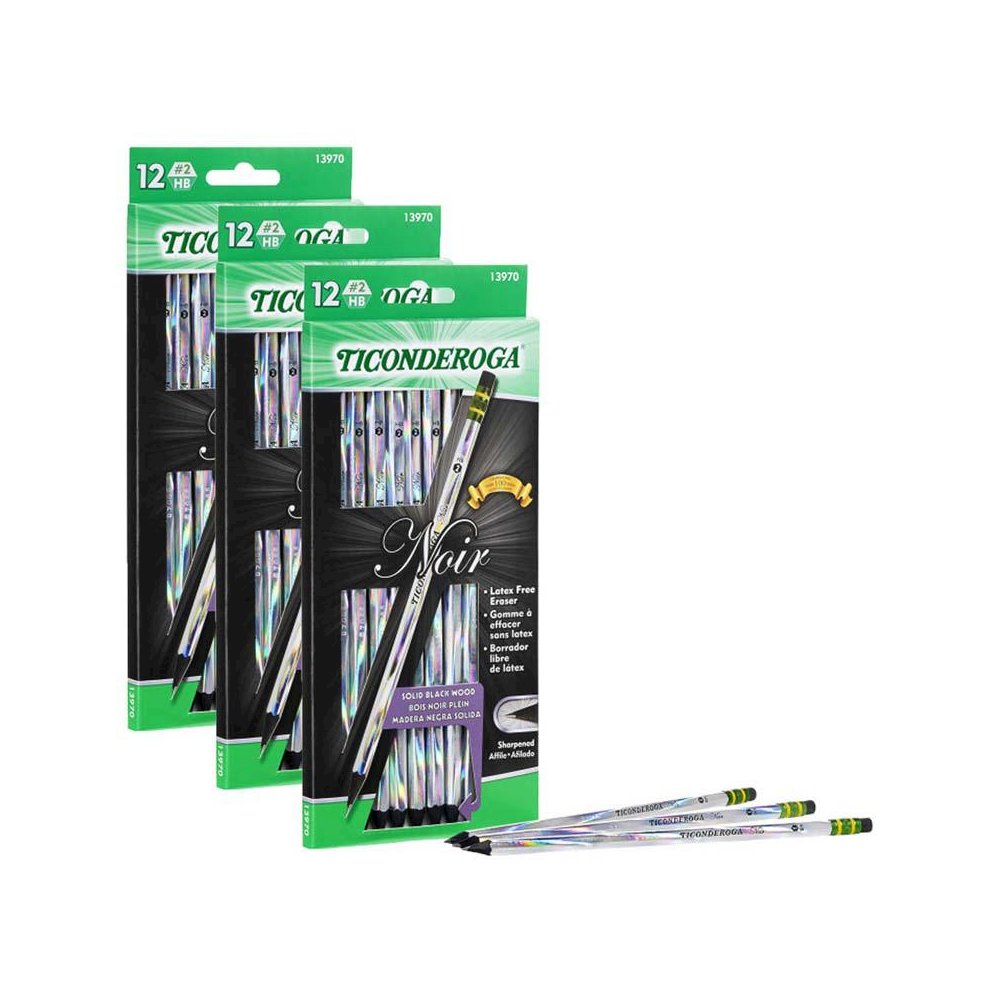 Noir Pencils, Holographic Foil on Black Wood, #2 Soft, 12 Per Pack, 3 Packs. Picture 2
