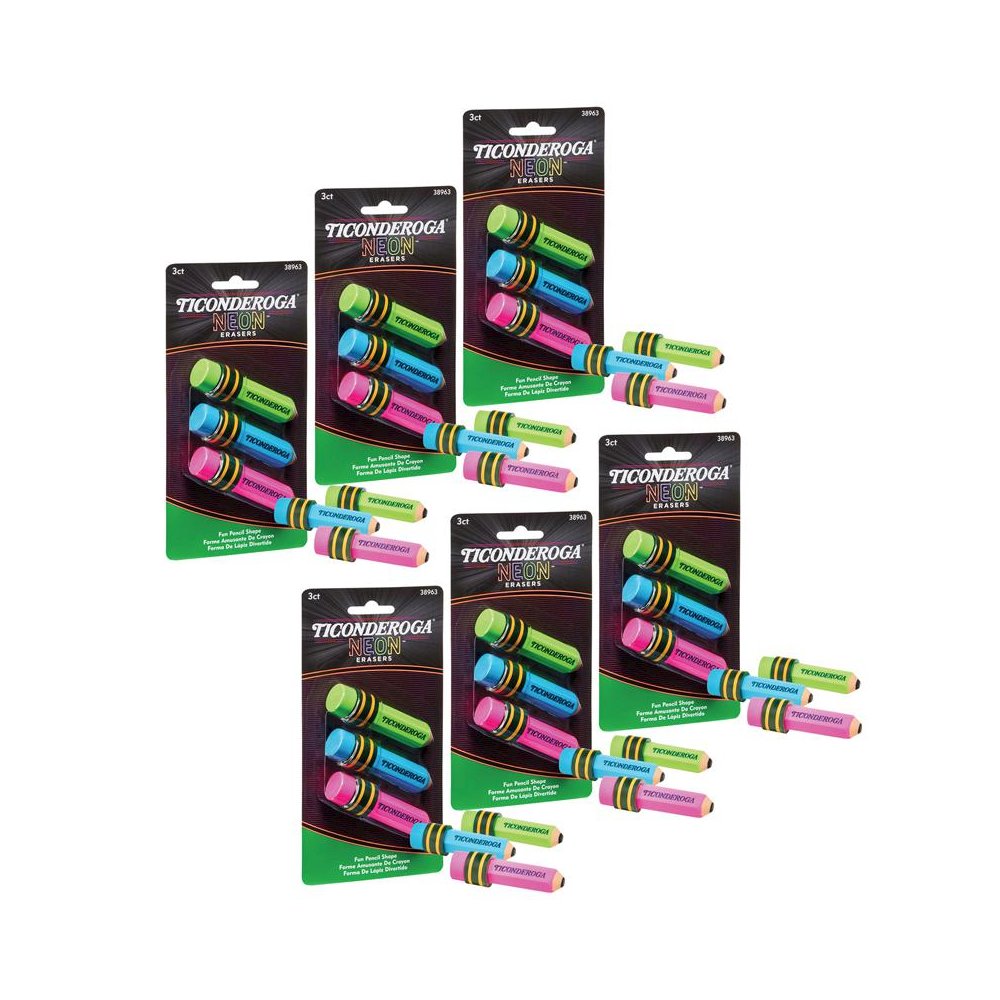 Pencil Shaped Neon Erasers, 3 Per Pack, 6 Packs. Picture 2