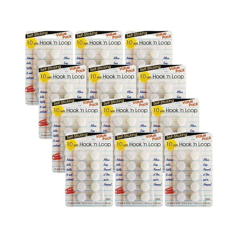Self-Sticking Hook 'N Loop Dots 5/8", White, 10 Sets Per Pack, 12 Packs. Picture 2