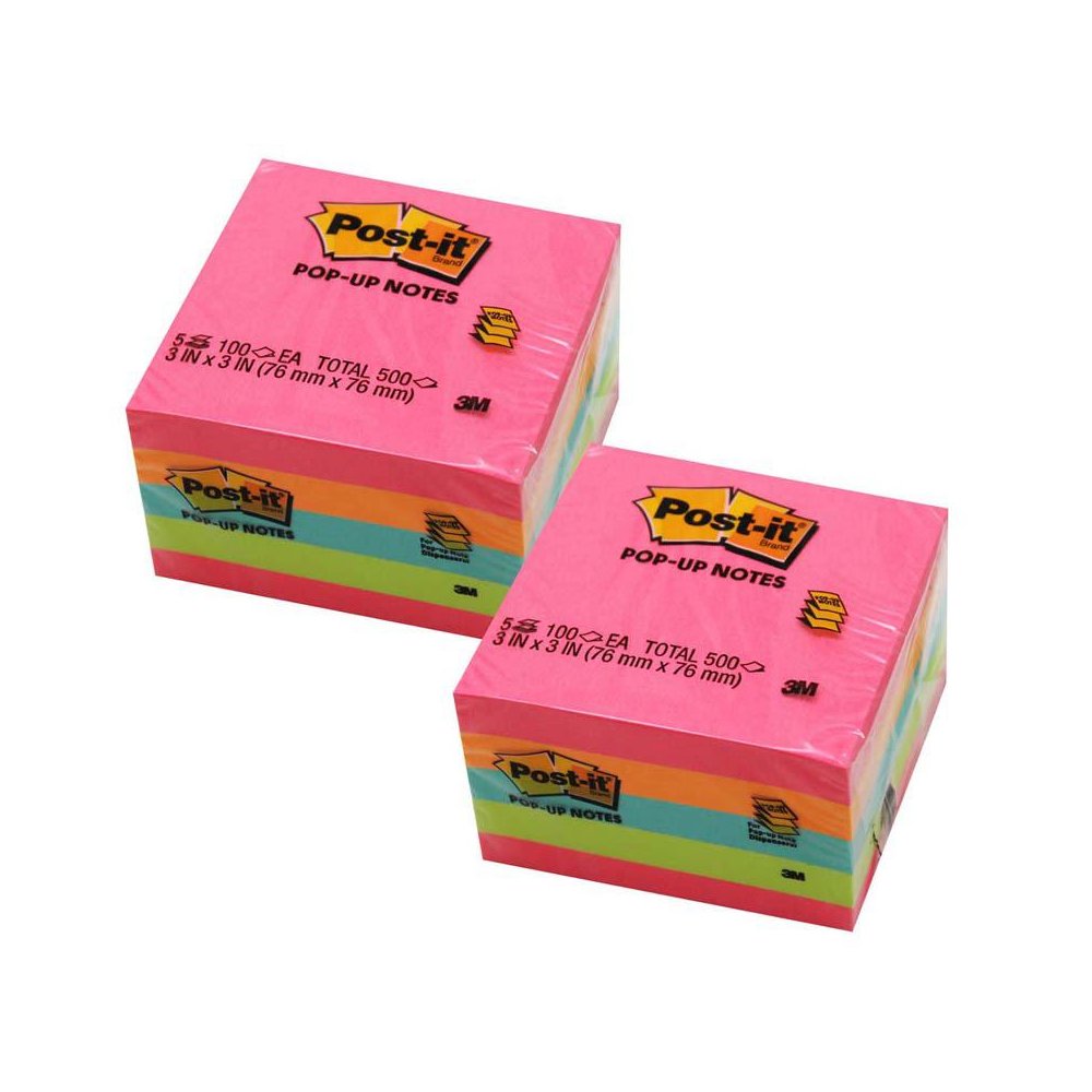 Pop-up Notes, 3" x 3", Neon, 100 Sheets/Pad, 5 Pads/Pack, 2 Packs. Picture 2