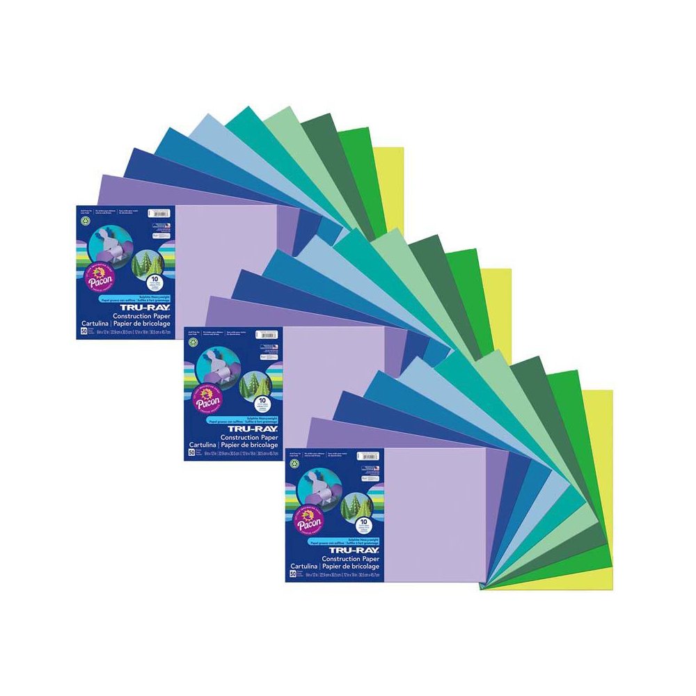 Construction Paper, Cool Assorted, 12" x 18", 50 Sheets Per Pack, 3 Packs. Picture 2