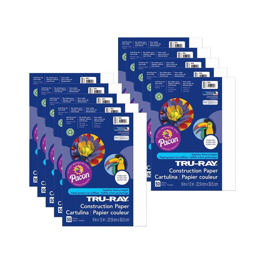 Construction Paper, White, 9" x 12", 50 Sheets Per Pack, 10 Packs. Picture 2