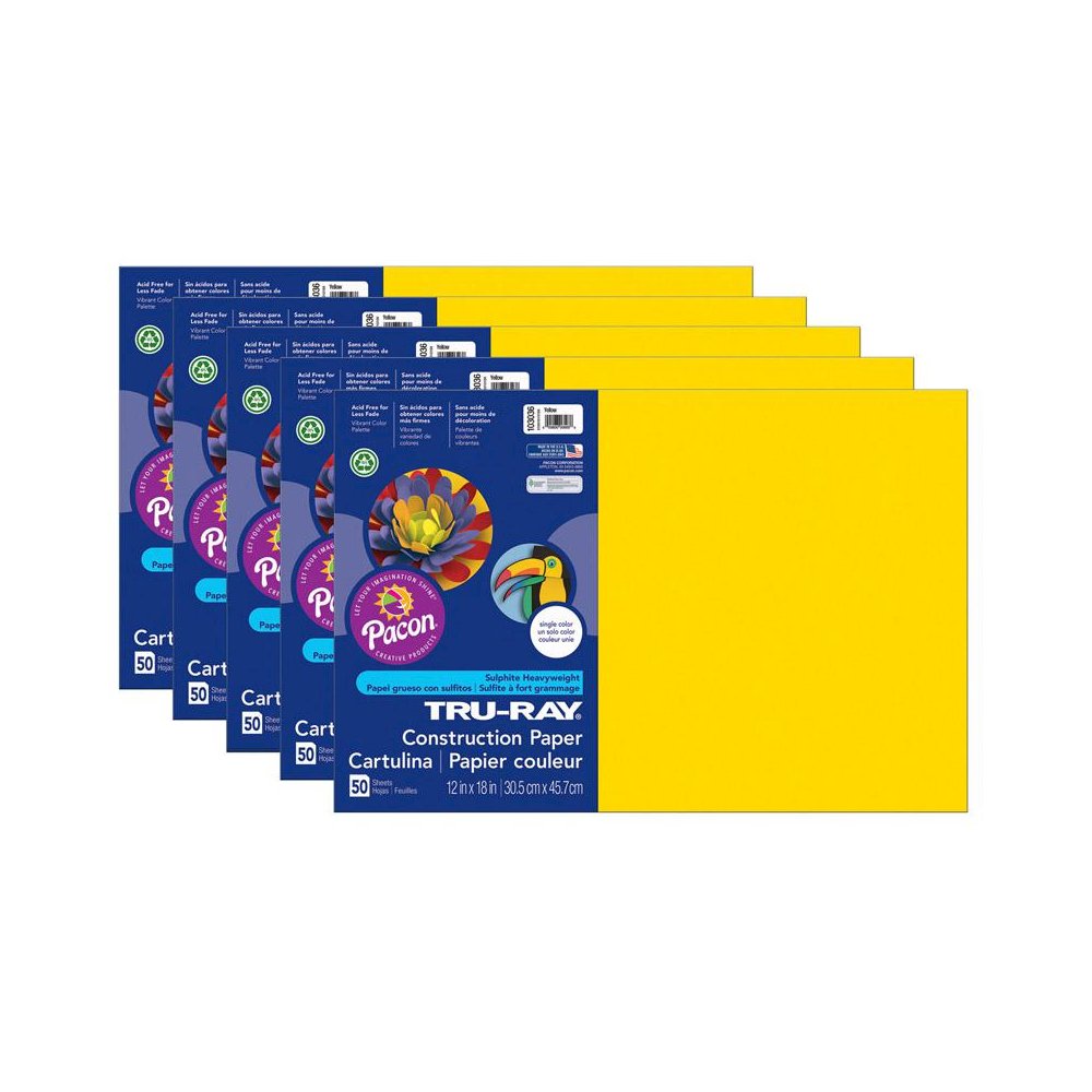 Construction Paper, Yellow, 12" x 18", 50 Sheets Per Pack, 5 Packs. Picture 2