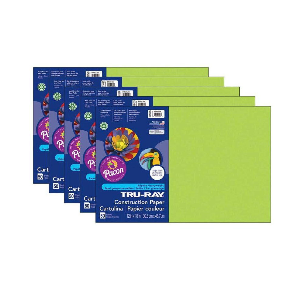 Construction Paper, Brilliant Lime, 12" x 18", 50 Sheets Per Pack, 5 Packs. Picture 2