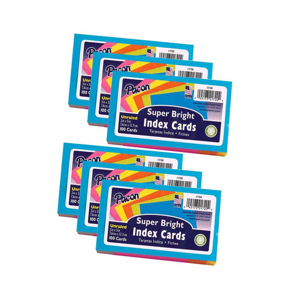 Index Cards, 5 Super Bright Unruled, 3" x 5", 100 Cards Per Pack, 6 Packs. Picture 2