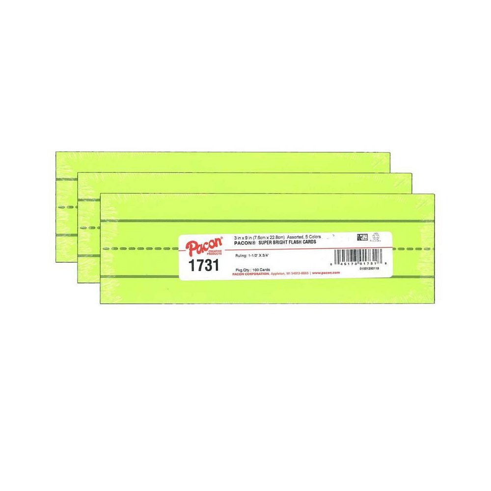 Super Bright Flash Cards, Ruled 3" x 9", 100 Cards Per Pack, 3 Packs. Picture 2
