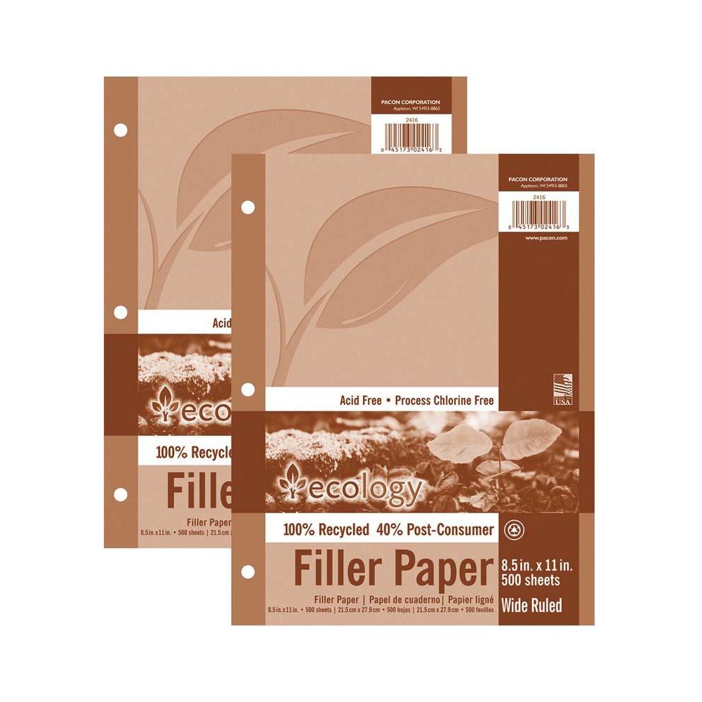 Recycled Filler Paper, White, 3-Hole Punched, 500 Sheets Per Pack, 2 Packs. Picture 2