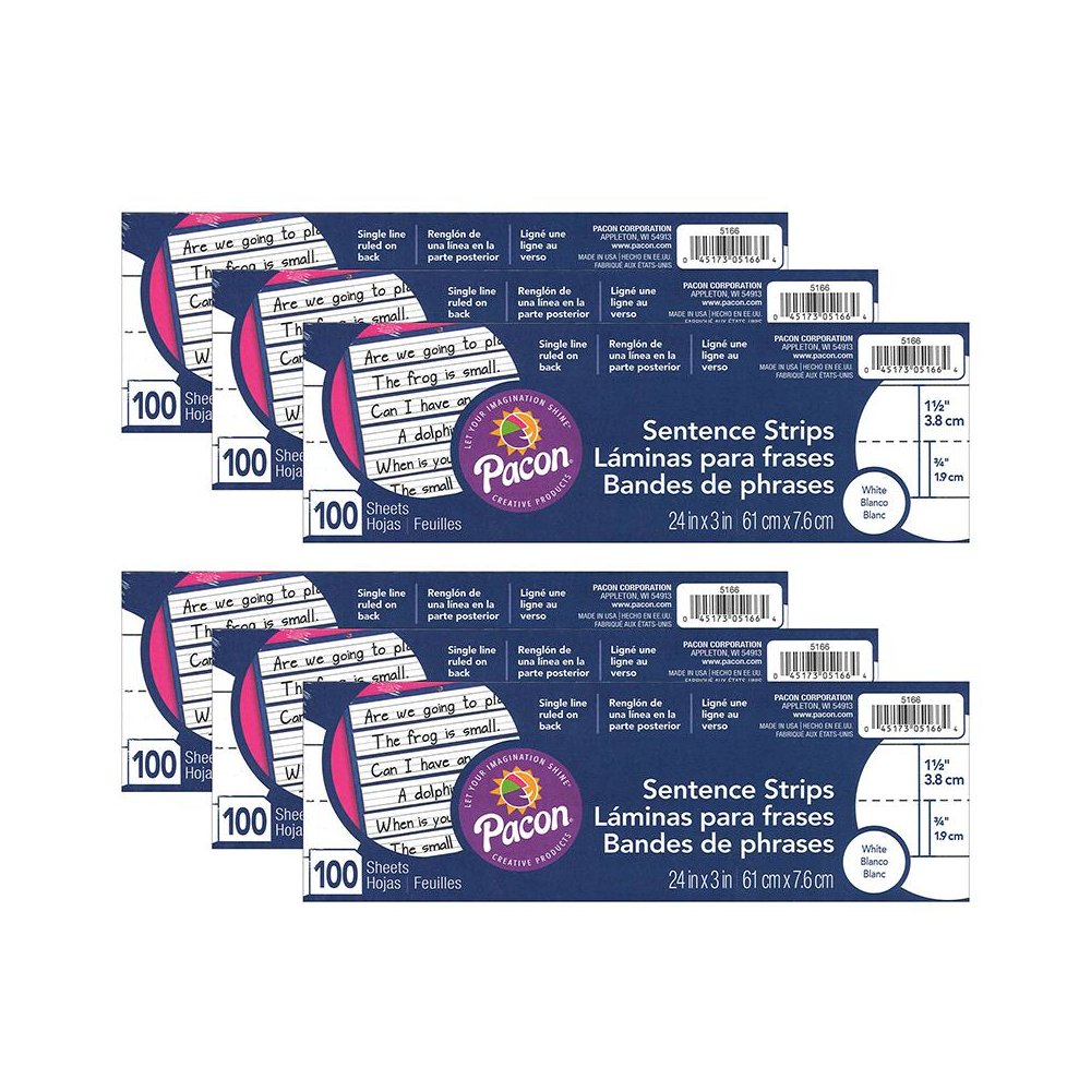 Sentence Strips, White, 1-1/2" Ruled, 3" x 24", 100 Strips Per Pack, 6 Packs. Picture 2